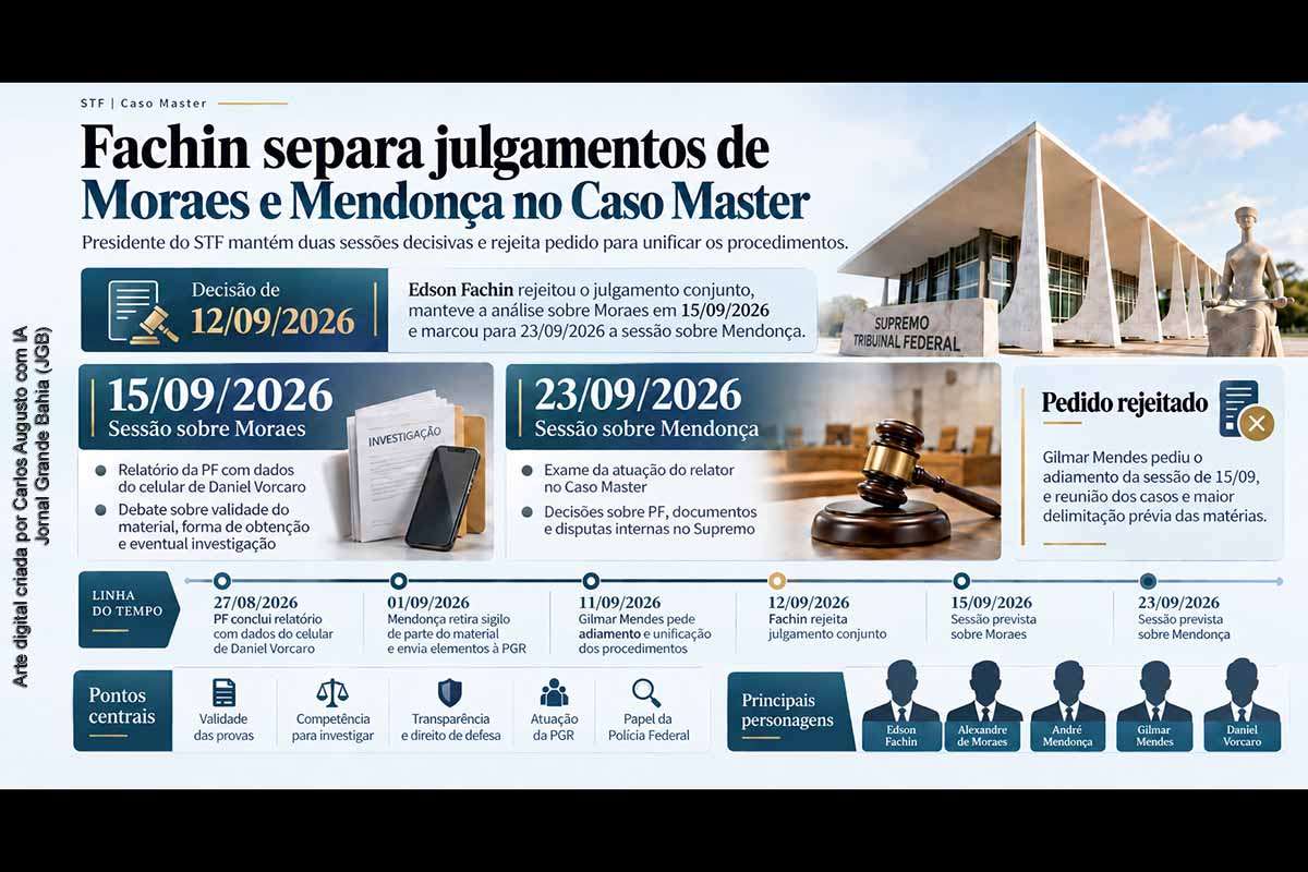 Edson Fachin manteve separados os procedimentos envolvendo Alexandre de Moraes e André Mendonça no contexto do Caso Master. O plenário analisará o caso relacionado a Moraes em 15/09/2026 e a controvérsia sobre Mendonça em 23/09. A decisão rejeitou proposta de Gilmar Mendes para unificar os processos e estabelece duas etapas decisivas para o STF enfrentar questionamentos sobre provas, competências e condução das investigações.