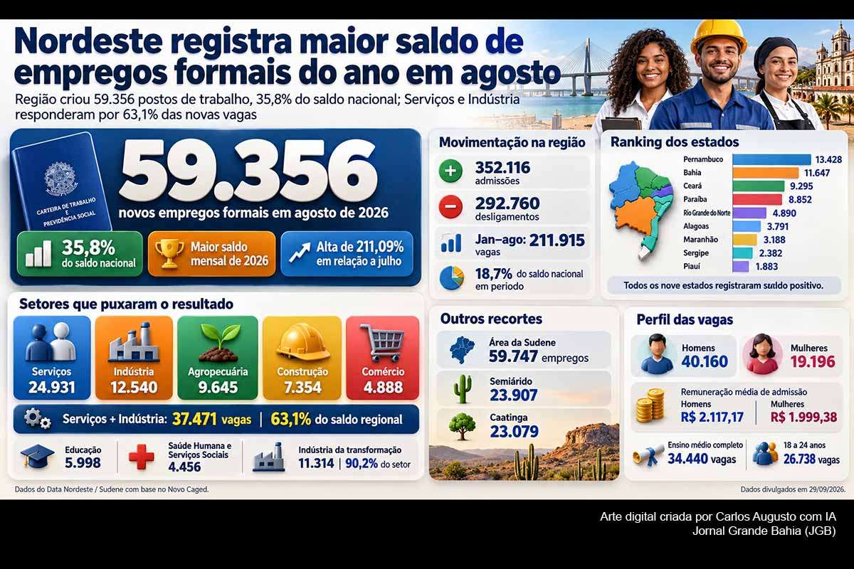 O Nordeste criou 59.356 empregos formais em agosto de 2026, equivalentes a 35,8% do saldo brasileiro de 165.827 vagas. Pernambuco liderou entre os estados, com 13.428 postos, seguido pela Bahia, com 11.647. Serviços e Indústria concentraram 63,1% das contratações líquidas. O acompanhamento dos próximos dados do Novo Caged e da Sudene deverá indicar a continuidade do crescimento e sua distribuição regional e setorial.