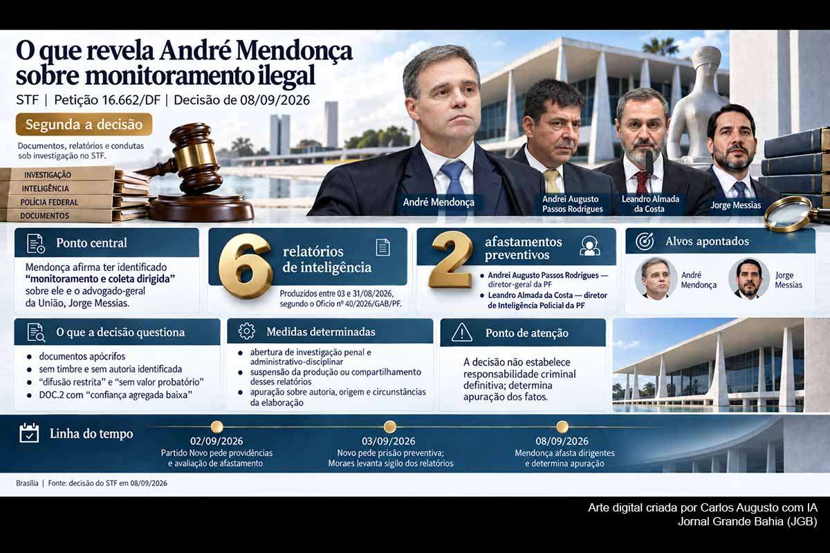 O ministro André Mendonça afirmou ter identificado “monitoramento e coleta dirigida” sobre ele e o advogado-geral da União, Jorge Messias, em ao menos seis relatórios atribuídos à inteligência da Polícia Federal. A decisão afastou preventivamente Andrei Rodrigues e Leandro Almada, determinou investigações penais e disciplinares e ordenou apuração sobre quem mandou produzir e quem elaborou os documentos, sem estabelecer responsabilidade criminal definitiva.