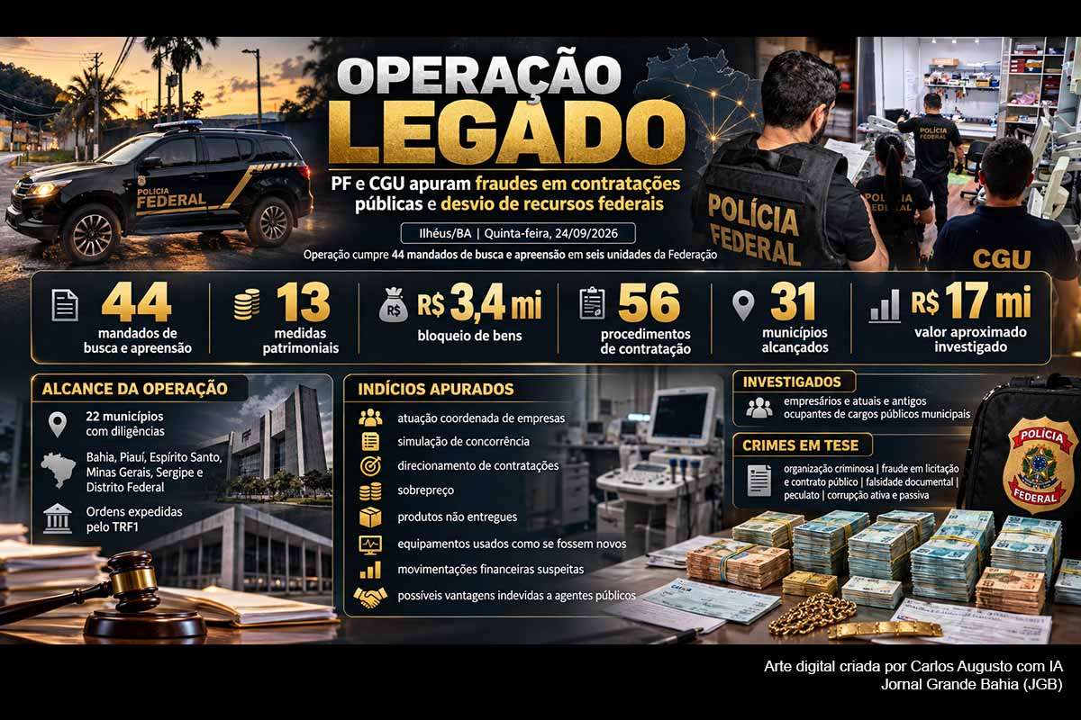 A PF e a CGU deflagraram, em 24/09/2026, a Operação Legado, que investiga 56 procedimentos de contratação em 31 municípios, envolvendo aproximadamente R$ 17 milhões. A ação cumpre 44 mandados de busca e apreensão e inclui bloqueio de até R$ 3,4 milhões. São apurados indícios de direcionamento, sobrepreço, produtos não entregues, movimentações financeiras suspeitas e possíveis vantagens indevidas a agentes públicos.