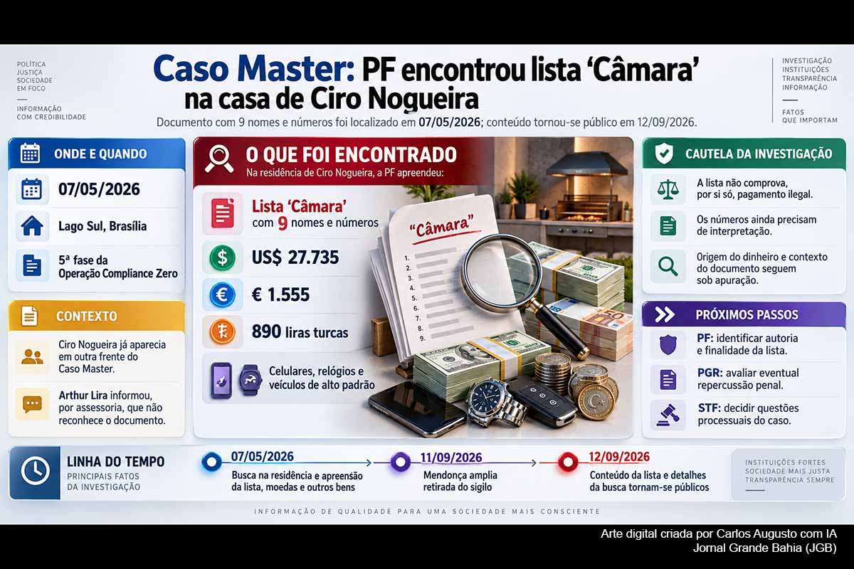A Polícia Federal encontrou em maio uma lista intitulada “Câmara”, com nove nomes e números, em uma churrasqueira na residência de Ciro Nogueira. Também foram apreendidas moedas estrangeiras e outros bens. O documento tornou-se público após o fim do sigilo. Não há, até agora, comprovação de que os números indiquem pagamentos ilegais; a PF deverá confrontar as anotações com movimentações financeiras e depoimentos.