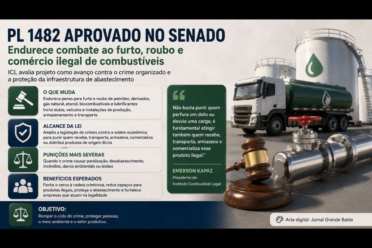 Projeto amplia a responsabilização por crimes envolvendo petróleo, derivados, gás natural, etanol, biocombustíveis e lubrificantes e alcança etapas da cadeia de produtos de origem ilícita.