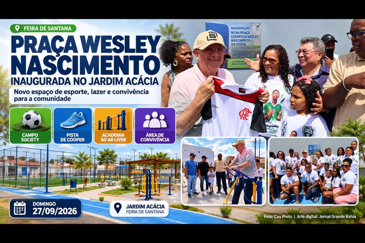 Novo equipamento reúne campo de futebol society, pista de cooper, academia ao ar livre e áreas de convivência em Feira de Santana.
