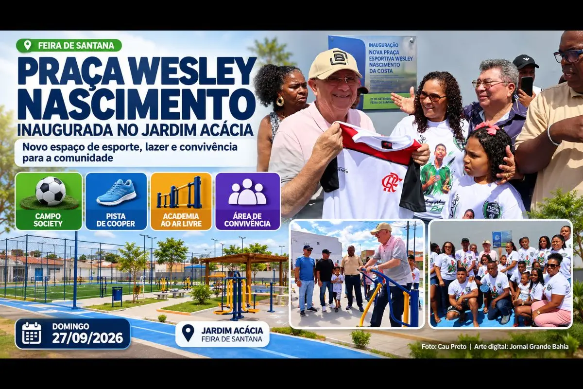 Novo equipamento reúne campo de futebol society, pista de cooper, academia ao ar livre e áreas de convivência em Feira de Santana.