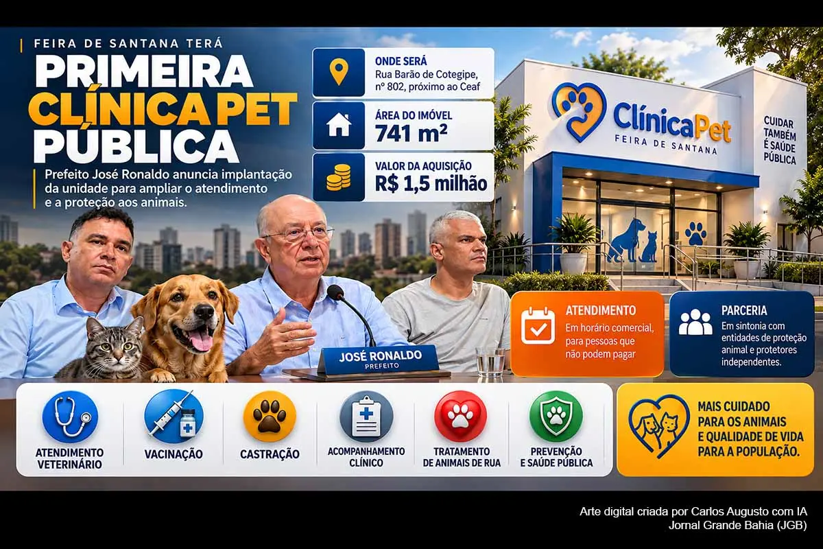 A Prefeitura de Feira de Santana iniciou a implantação da primeira Clínica Pet do município em imóvel de 741 m², adquirido por R$ 1,5 milhão. O projeto anunciado por José Ronaldo prevê consultas, exames, vacinação, cirurgias e castrações, com prioridade para famílias vulneráveis e apoio às entidades de proteção animal. Obras, equipamentos, equipes, capacidade de atendimento e cronograma de inauguração ainda precisam ser definidos.