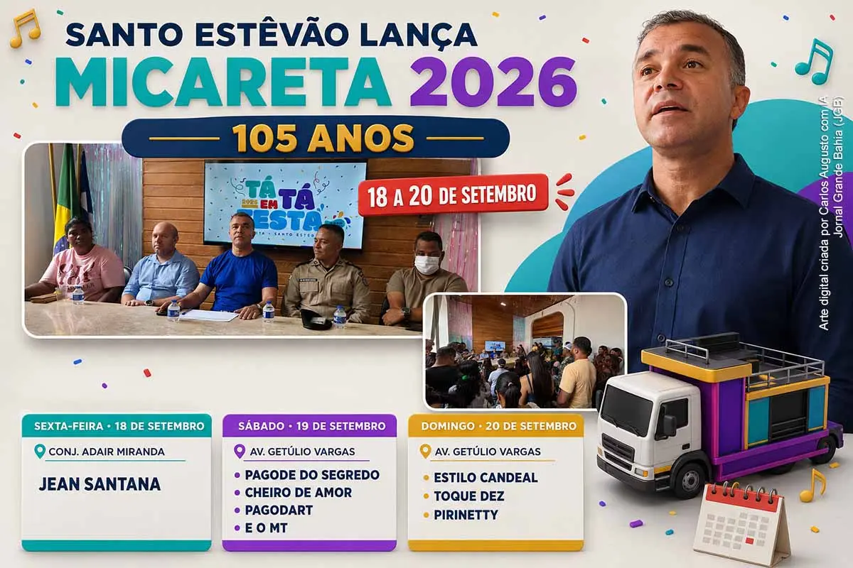 A Prefeitura de Santo Estêvão lançou a Micareta 2026, marcada para 18 a 20 de setembro, como parte das celebrações pelos 105 anos do município. O anúncio reuniu o prefeito Tiago Dias, o secretário Rangel Campos e representantes da Polícia Militar. A festa terá atrações como Cheiro de Amor, Pagodart e Toque Dez, com expectativa de movimentar o comércio e os serviços. Segurança, trânsito e ordenamento integrarão o planejamento operacional.