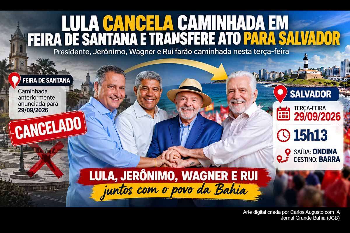 A campanha de Lula e Jerônimo Rodrigues cancelou a caminhada prevista para Feira de Santana em 29/09/2026 e transferiu o ato para Salvador, com saída de Ondina em direção à Barra às 15h13. Jaques Wagner e Rui Costa também têm presença anunciada. A visita a Feira havia sido confirmada dias antes. Até agora, não foi apresentada justificativa pública específica para a mudança, ocorrida a cinco dias do primeiro turno.