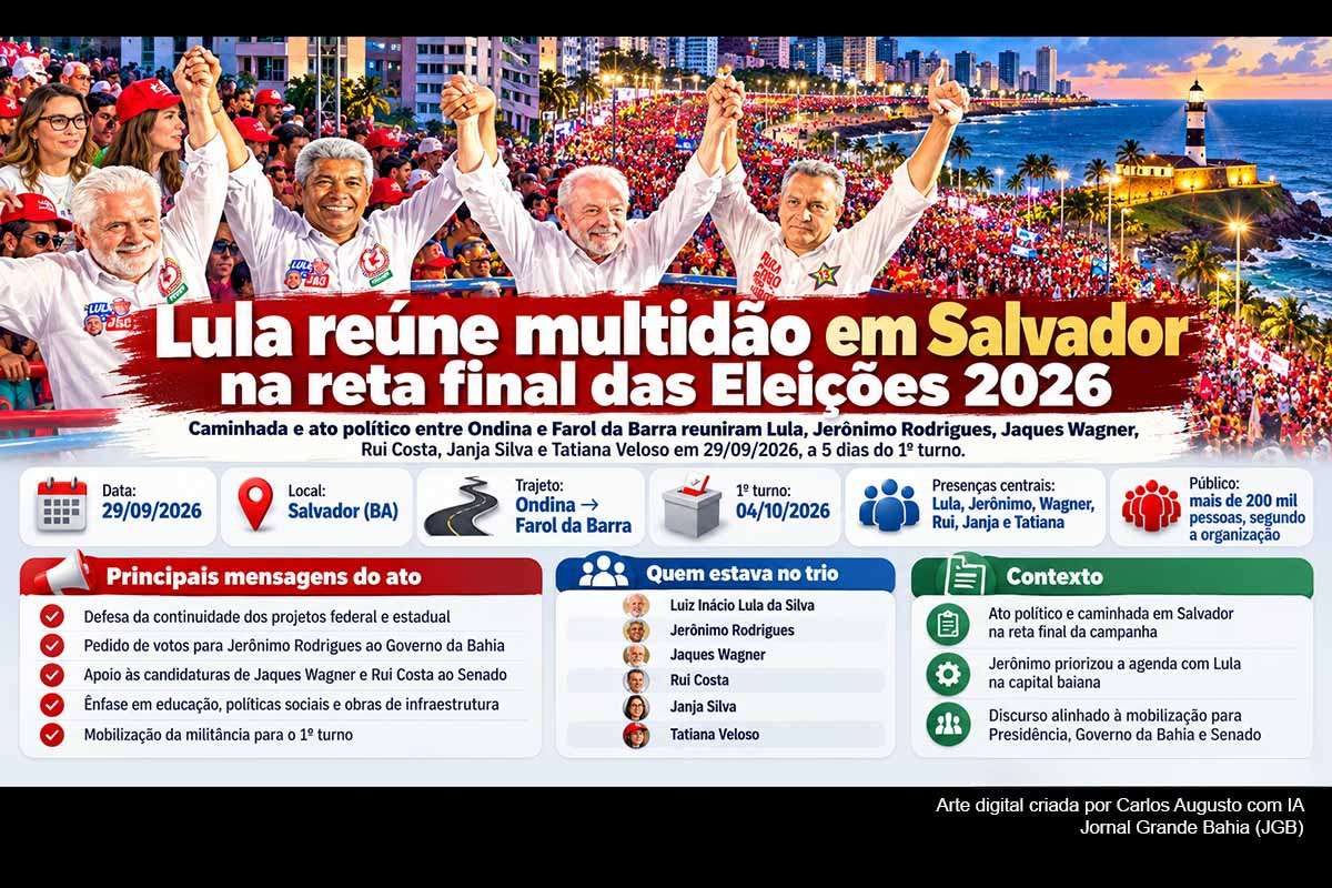 O presidente Lula participou em 29/09/2026 de caminhada e comício entre Ondina e Barra, em Salvador, ao lado de Jerônimo Rodrigues, Jaques Wagner e Rui Costa. A cinco dias do primeiro turno, os discursos defenderam programas sociais, educação, infraestrutura e apoio parlamentar. Declarações sobre desemprego, inflação, bets, educação e investimentos exigem contextualização com dados oficiais e acompanhamento após a votação de 04/10/2026.