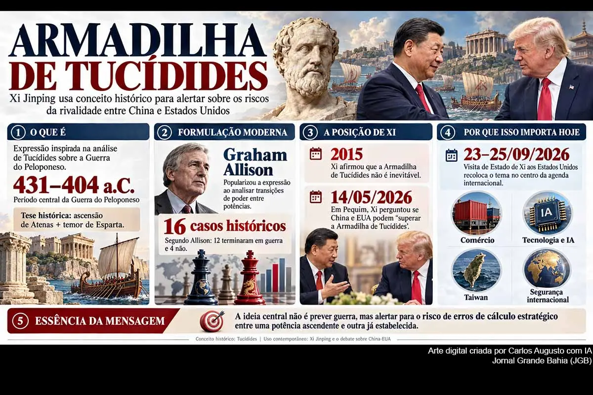 O presidente chinês Xi Jinping utiliza a Armadilha de Tucídides para argumentar que a rivalidade entre China e Estados Unidos não precisa terminar em guerra. Inspirado na ascensão de Atenas diante de Esparta, o conceito foi formulado modernamente por Graham Allison. A visita de Xi a Washington, em setembro de 2026, recoloca o debate em evidência diante das disputas sobre comércio, tecnologia, inteligência artificial, Taiwan e segurança estratégica.
