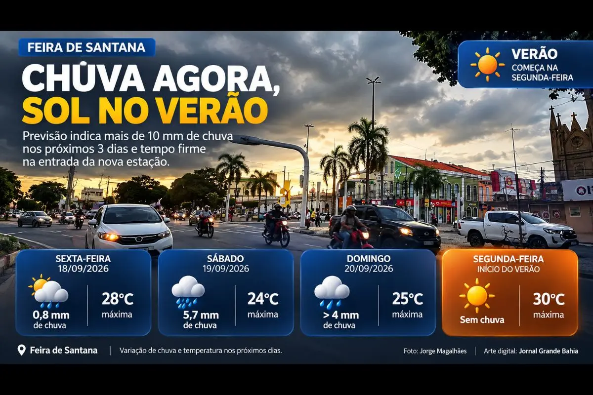 Previsão indica acumulado superior a 10 milímetros até domingo, enquanto a segunda-feira deve ter tempo quente e sem chuva na região.