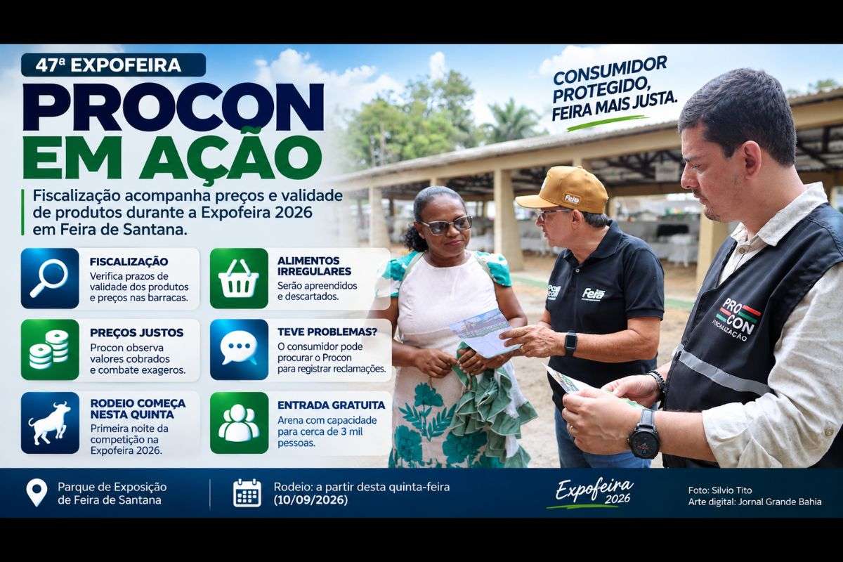 Órgão municipal acompanha comércio no Parque de Exposição durante a Expofeira 2026; rodeio começa nesta quinta-feira (10/09) com 16 peões na arena.