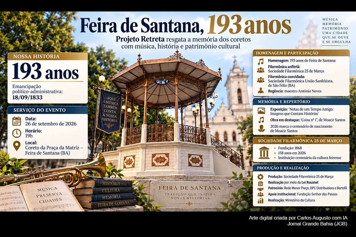 Feira de Santana, que completou 193 anos em 18/09/2026, recebe em 26 de setembro uma edição especial do Projeto Retreta no Coreto da Praça da Matriz. O encontro reunirá a Filarmônica 25 de Março, fundada em 1868, e a União Sanfelixta, recentemente reconhecida como patrimônio cultural de São Félix, além de exposição histórica e repertório relacionado ao centenário de Moacir Santos, articulando música, patrimônio e memória urbana.