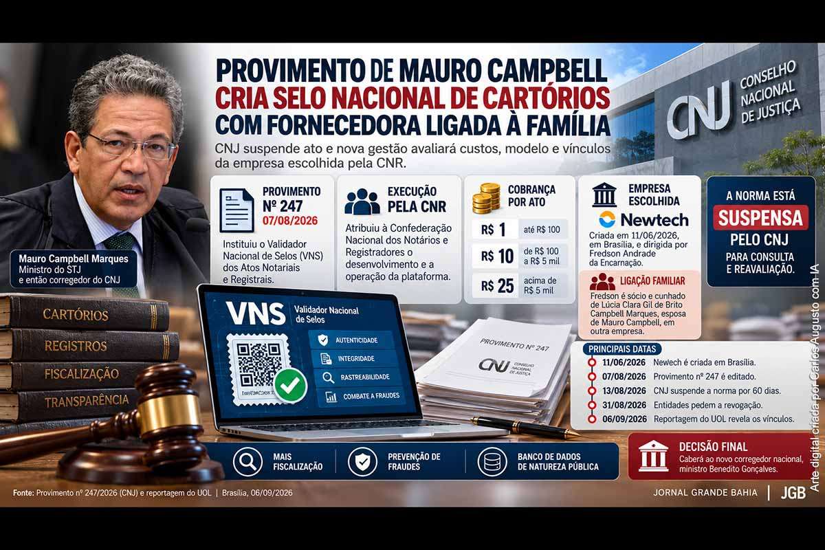 O Provimento nº 247, editado por Mauro Campbell, criou um sistema nacional de validação de selos cartorários e atribuiu sua execução à CNR, que escolheu a Newtech, dirigida por empresário ligado à esposa do ministro. O modelo previa repasses de R$ 1 a R$ 25 por ato. Contestada por entidades do setor, a norma foi suspensa pelo CNJ e será reavaliada sob a gestão de Benedito Gonçalves.