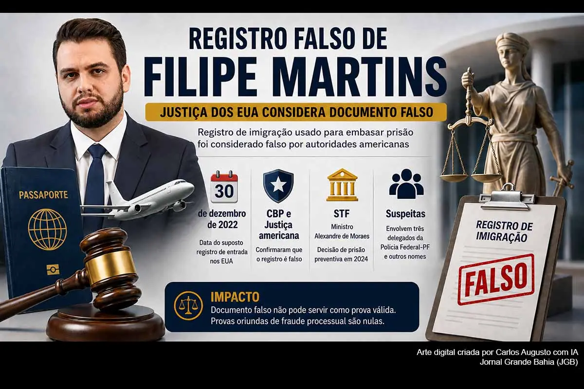 O artigo de Luiz Holanda aborda a controvérsia sobre o registro migratório que indicava a entrada de Filipe Martins nos Estados Unidos em dezembro de 2022. Autoridades americanas reconheceram inconsistências no registro, posteriormente classificado como falso por um juiz federal. O episódio envolve decisões do ministro Alexandre de Moraes, a atuação da Polícia Federal, o STF e questionamentos sobre a origem do dado e seus possíveis efeitos processuais.