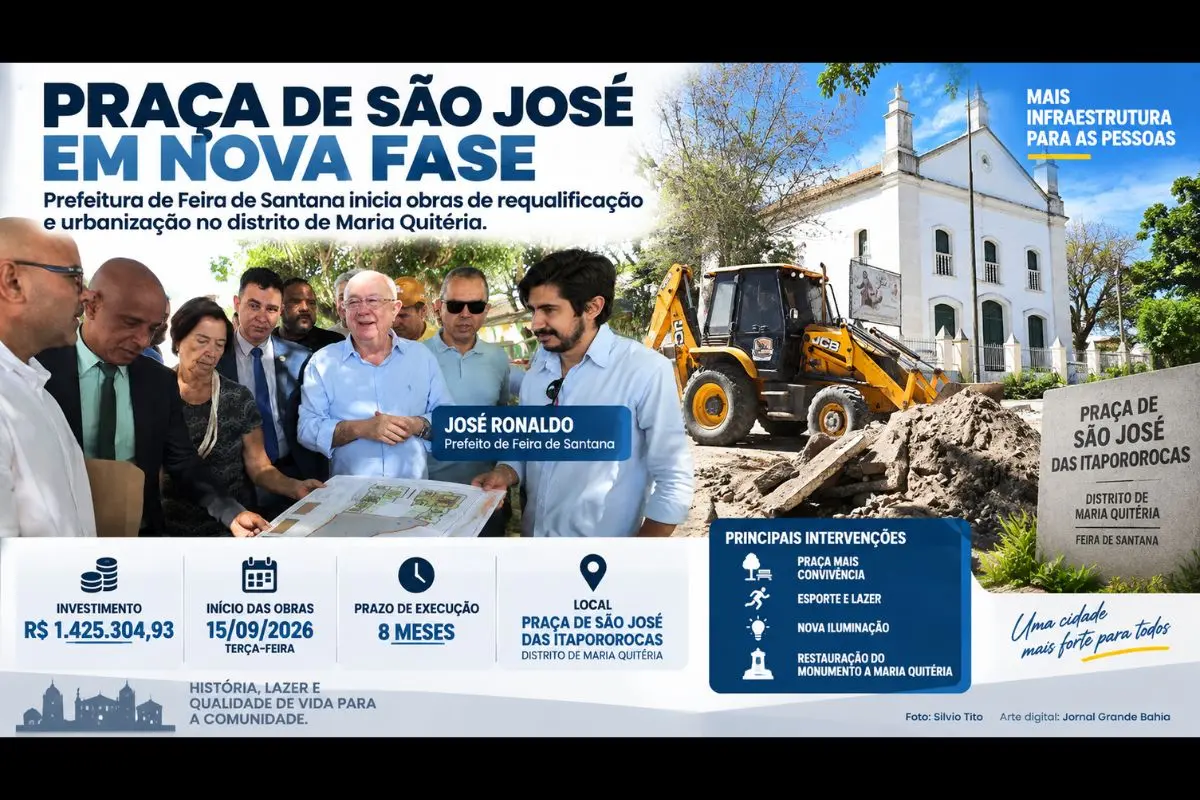 Obras na praça mais antiga de Feira de Santana incluem novos espaços de convivência, equipamentos de lazer, iluminação e restauração do monumento a Maria Quitéria.