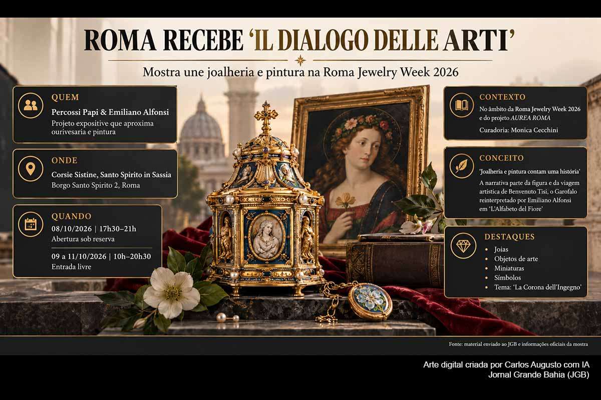 Percossi Papi e Emiliano Alfonsi apresentam, de 8 a 11 de outubro de 2026, nas Corsie Sistine, em Roma, a exposição “Il Dialogo delle Arti”. Integrada à Roma Jewelry Week 2026 e ao projeto AUREA ROMA, a mostra aproxima pintura e ourivesaria a partir da trajetória de Benvenuto Tisi, o Garofalo, reunindo joias, objetos de arte, miniaturas e referências à tradição renascentista.