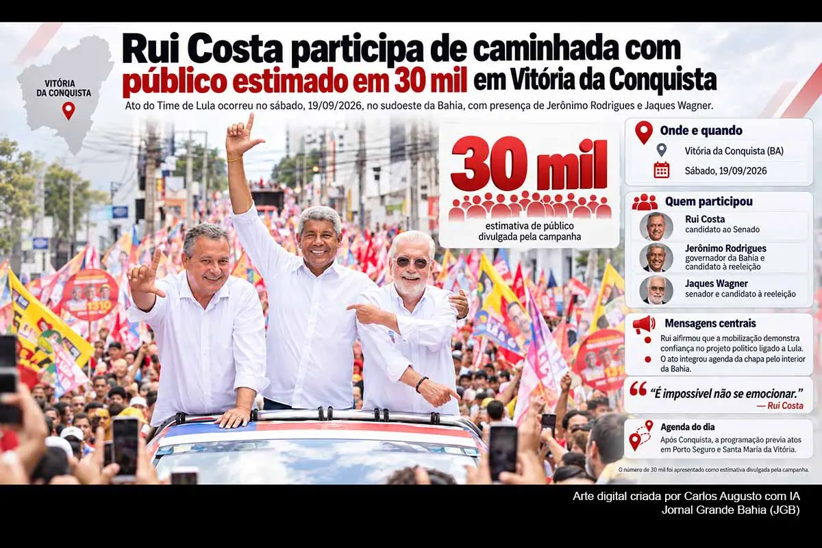 O candidato ao Senado Rui Costa participou, no sábado (19/09/2026), de caminhada eleitoral em Vitória da Conquista ao lado de Jerônimo Rodrigues e Jaques Wagner. A campanha estimou a presença de cerca de 30 mil pessoas, número sem contagem independente divulgada. Rui associou a mobilização ao apoio ao grupo ligado ao presidente Lula. O ato ocorreu a 15 dias do primeiro turno, marcado para 4 de outubro.