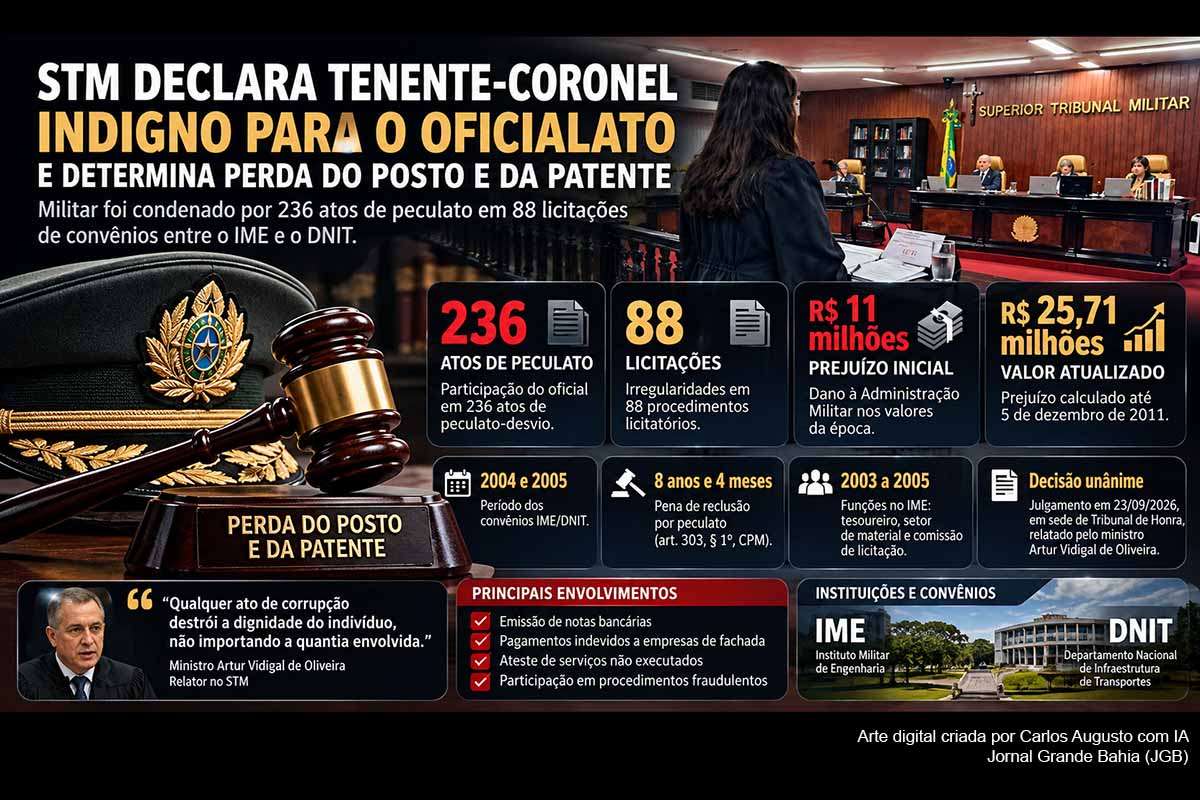 O STM declarou por unanimidade um tenente-coronel do Exército indigno para o oficialato e determinou a perda de posto e patente. Condenado definitivamente a oito anos e quatro meses, o militar participou de 236 atos de peculato relacionados a 88 licitações de convênios entre IME e DNIT. O prejuízo, inicialmente calculado em R$ 11 milhões, alcançava R$ 25,71 milhões em valores atualizados até dezembro de 2011.