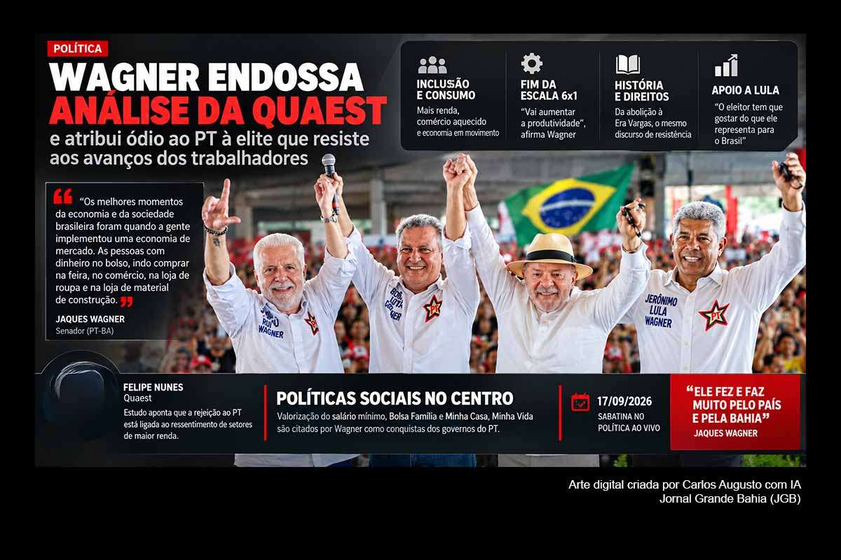 O senador Jaques Wagner associou parte da rejeição ao PT ao ressentimento social analisado pelo cientista político Felipe Nunes, da Quaest. O parlamentar relacionou o tema à resistência ao fim da escala 6x1, citou episódios históricos e programas dos governos petistas e defendeu a reeleição de Lula. A PEC 221/2019, que reduz a jornada para 40 horas, aguarda deliberação do Plenário do Senado.