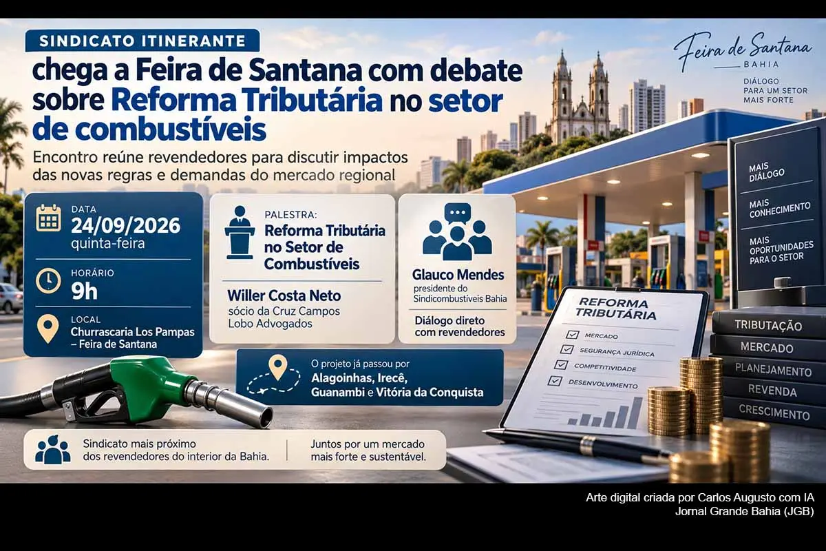 O Sindicombustíveis Bahia realiza, na quinta-feira (24/09/2026), em Feira de Santana, edição do projeto Sindicato Itinerante, com participação do presidente Glauco Mendes e palestra de Willer Costa Neto sobre a Reforma Tributária no setor de combustíveis. O encontro discutirá impactos das novas regras, demandas dos revendedores e desafios do mercado regional. A programação começa às 9h, na Churrascaria Los Pampas.