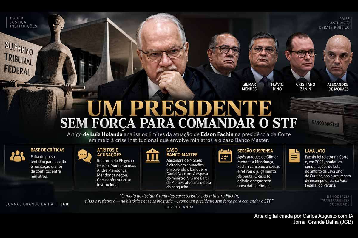 O artigo de Luiz Holanda critica a condução do presidente do STF, Edson Fachin, diante dos conflitos entre ministros relacionados às investigações do Banco Master. O contexto envolve Alexandre de Moraes, André Mendonça, Gilmar Mendes, Flávio Dino, Polícia Federal e PGR. O julgamento da Petição 16.662 foi interrompido após pedido de vista de Dino, enquanto permanecem pendentes questões sobre competência, relatoria, validade de atos investigativos e futuros desdobramentos no Supremo.