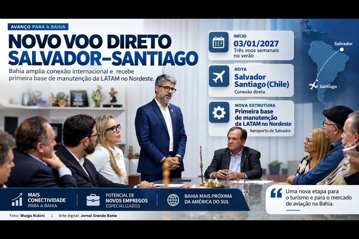 Nova rota começa em janeiro de 2027 com três frequências semanais; Salvador também terá a primeira base da LATAM no Nordeste para manutenção de aeronaves.
