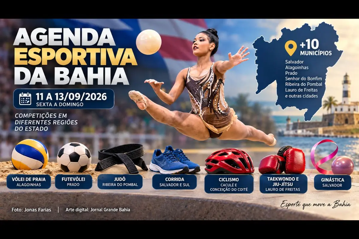 Vôlei, futevôlei, handebol, judô, taekwondo, jiu-jítsu, ginástica, ciclismo, orientação e corridas movimentam diferentes municípios baianos entre sexta-feira (11/09/2026) e domingo (13/09/2026).
