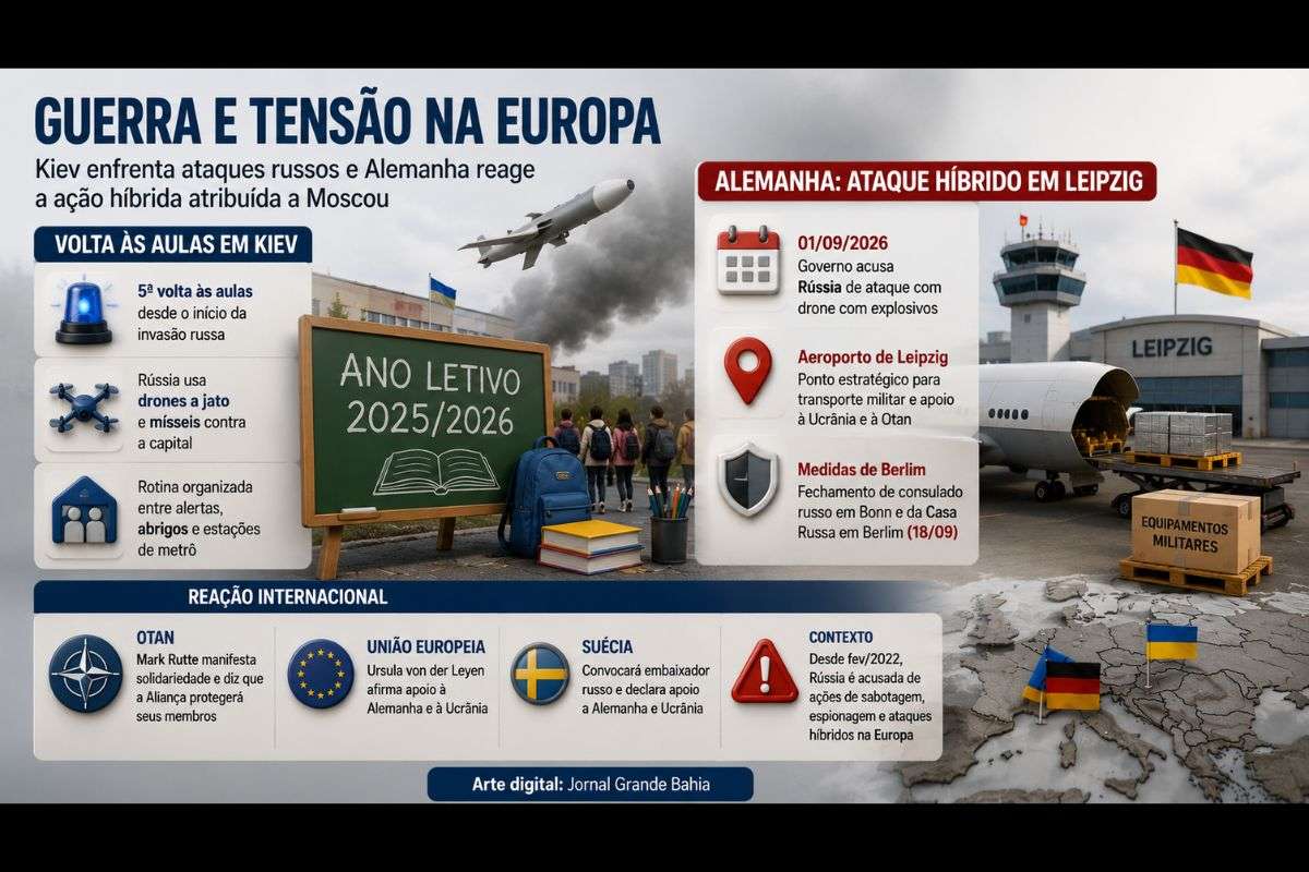 Retorno às atividades escolares na capital ucraniana expõe efeitos da guerra sobre a rotina da população, enquanto acusações de ataques híbridos ampliam a tensão entre Rússia, Alemanha, Otan e União Europeia.