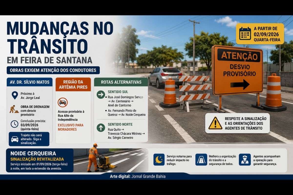 Intervenções na Avenida Dr. Sílvio Matos e na região da Artêmia Pires alteram temporariamente a circulação, enquanto a Noide Cerqueira recebe revitalização da sinalização viária.