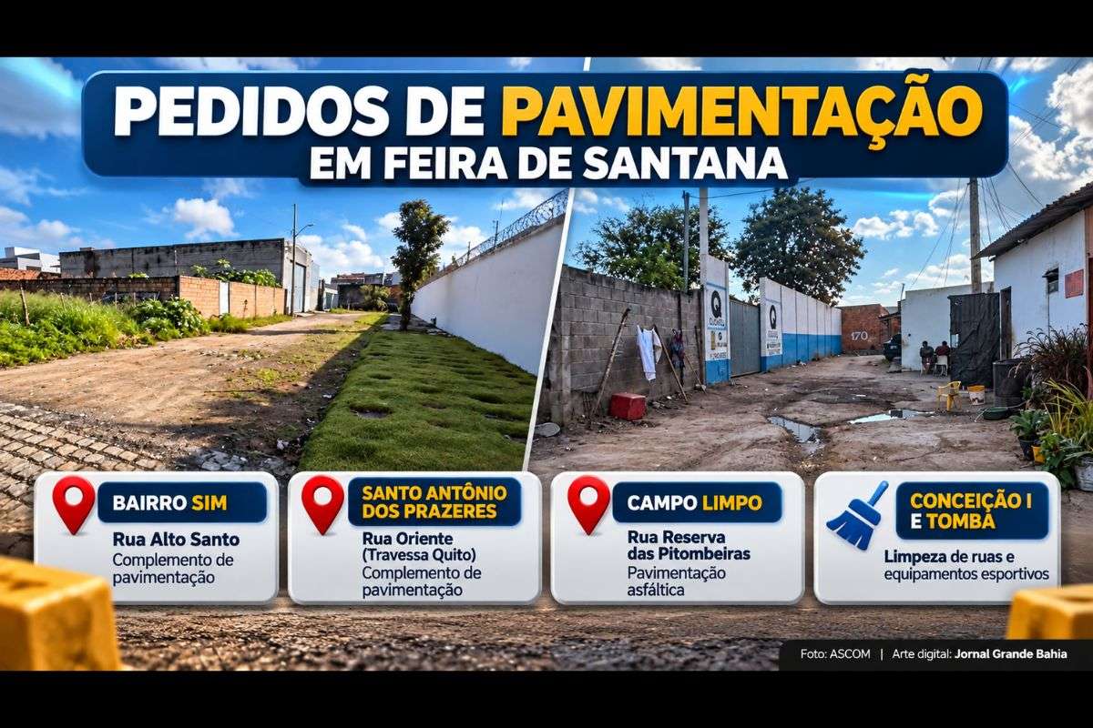 Indicações apresentadas à Prefeitura solicitam complementação de pavimentação, asfaltamento, limpeza de ruas e manutenção de espaços esportivos em diferentes bairros do município.