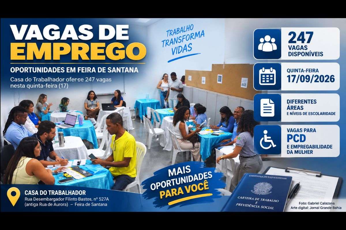 Oportunidades abrangem construção civil, comércio, serviços, indústria, alimentação e logística, além de vagas destinadas a Pessoas com Deficiência (PCD).