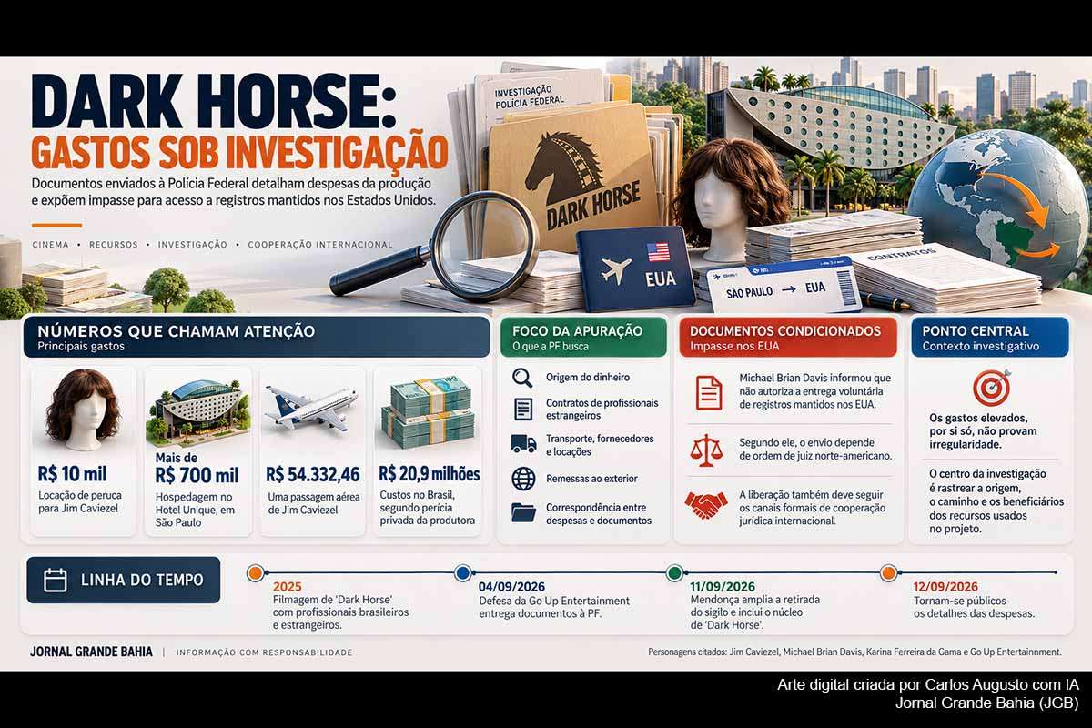 Documentos enviados à Polícia Federal detalham despesas de “Dark Horse”, incluindo R$ 10 mil com uma peruca e mais de R$ 700 mil em hospedagem. A investigação busca reconstruir o orçamento e a origem dos recursos. Parte relevante dos registros está nos Estados Unidos, onde o produtor Michael Davis condicionou a entrega a ordem judicial e procedimentos formais de cooperação internacional.