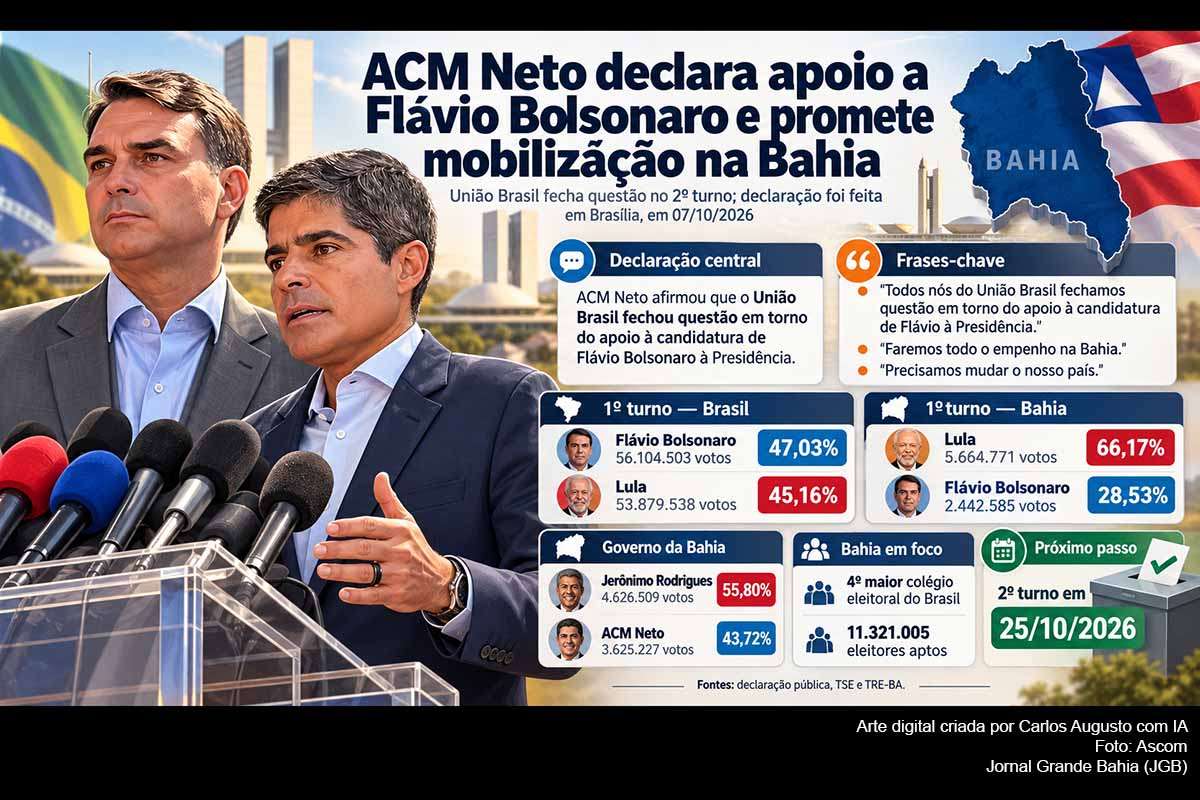 ACM Neto anunciou apoio a Flávio Bolsonaro no segundo turno presidencial e prometeu mobilizar sua base política na Bahia. A adesão ocorre após a derrota de Neto para Jerônimo Rodrigues e a decisão da Federação União Progressista de apoiar o candidato do PL. O desafio eleitoral é expressivo: Lula obteve 66,17% na Bahia, contra 28,53% de Flávio, antes da votação decisiva de 25/10/2026.
