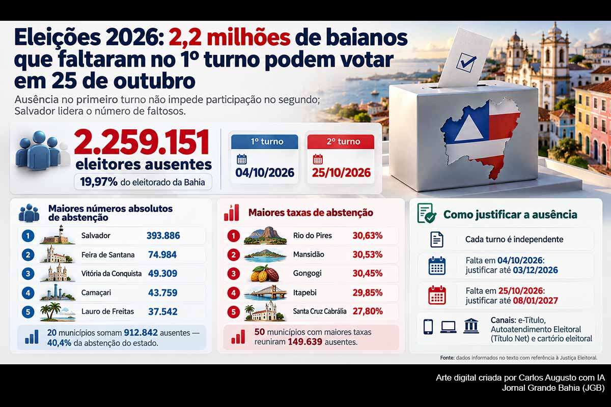 Mais de 2,25 milhões de eleitores baianos, equivalentes a 19,97% do eleitorado, não compareceram ao primeiro turno das Eleições 2026 e poderão votar normalmente no segundo turno, em 25 de outubro. Salvador registrou 393.886 ausentes e Feira de Santana, 74.984. A Justiça Eleitoral considera cada turno independente. Quem faltou em 4 de outubro tem até 3 de dezembro de 2026 para justificar a ausência.