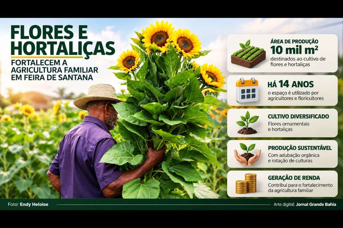 Parceria entre Prefeitura, Coelba e Belgo mantém há 14 anos uma área de produção agrícola que reúne flores ornamentais, hortaliças e outras culturas, com uso de adubação orgânica e técnicas de conservação do solo.