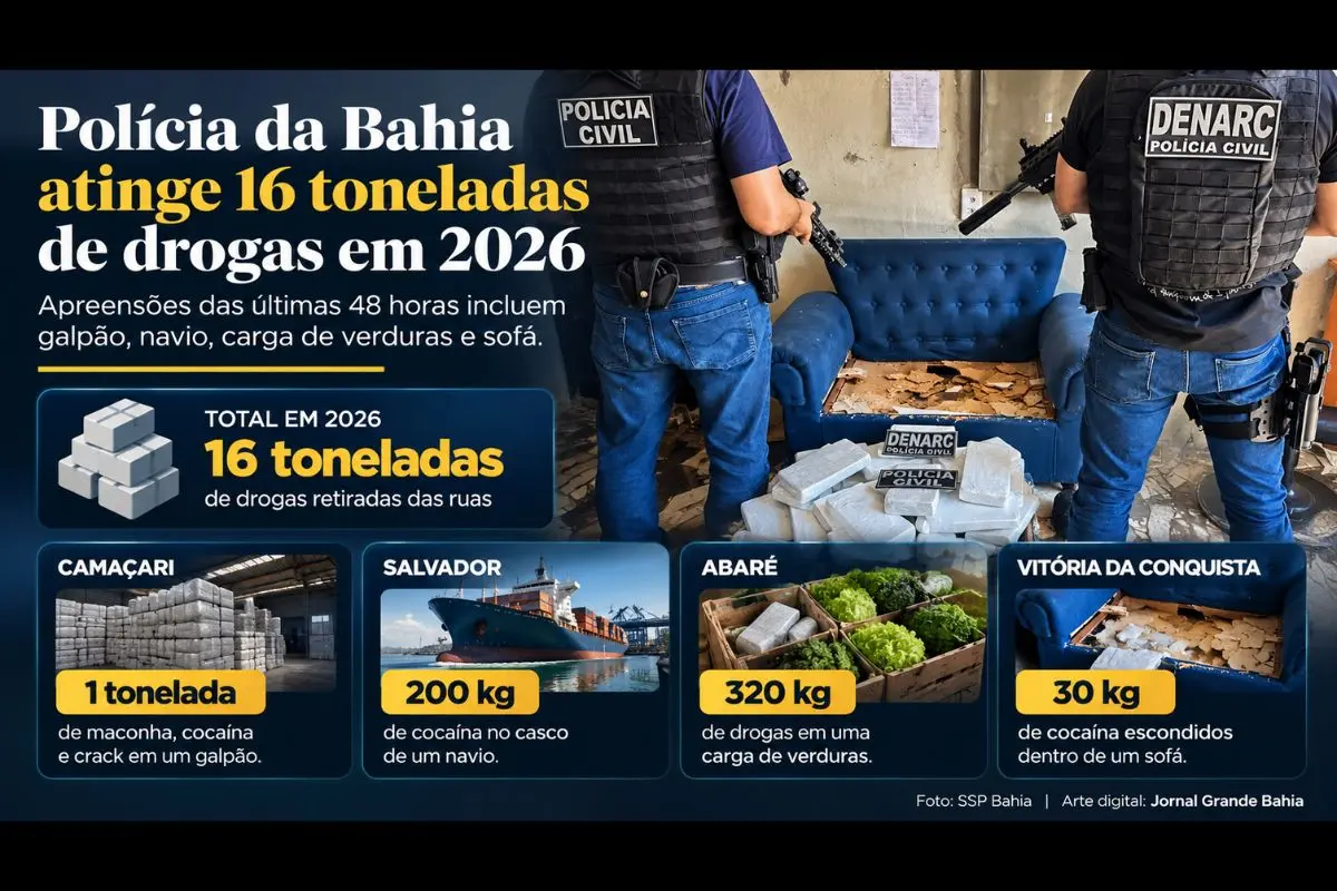 Ações das polícias estaduais e federais identificaram entorpecentes em um galpão, no casco de um navio, em uma carga de verduras e dentro de um sofá.