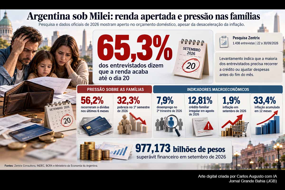 Pesquisa da Zentrix indica que 65,3% dos entrevistados argentinos esgotam a renda até o dia 20 e 56,2% recorreram a dívidas. Milei contestou o diagnóstico, mas dados oficiais registram pobreza de 32,3%, desemprego de 7,9% e inadimplência familiar de 12,81%. Ao mesmo tempo, a inflação caiu para 33,4% em 12 meses e o governo mantém superávit fiscal, expondo o contraste entre estabilização macroeconômica e pressão sobre os domicílios.