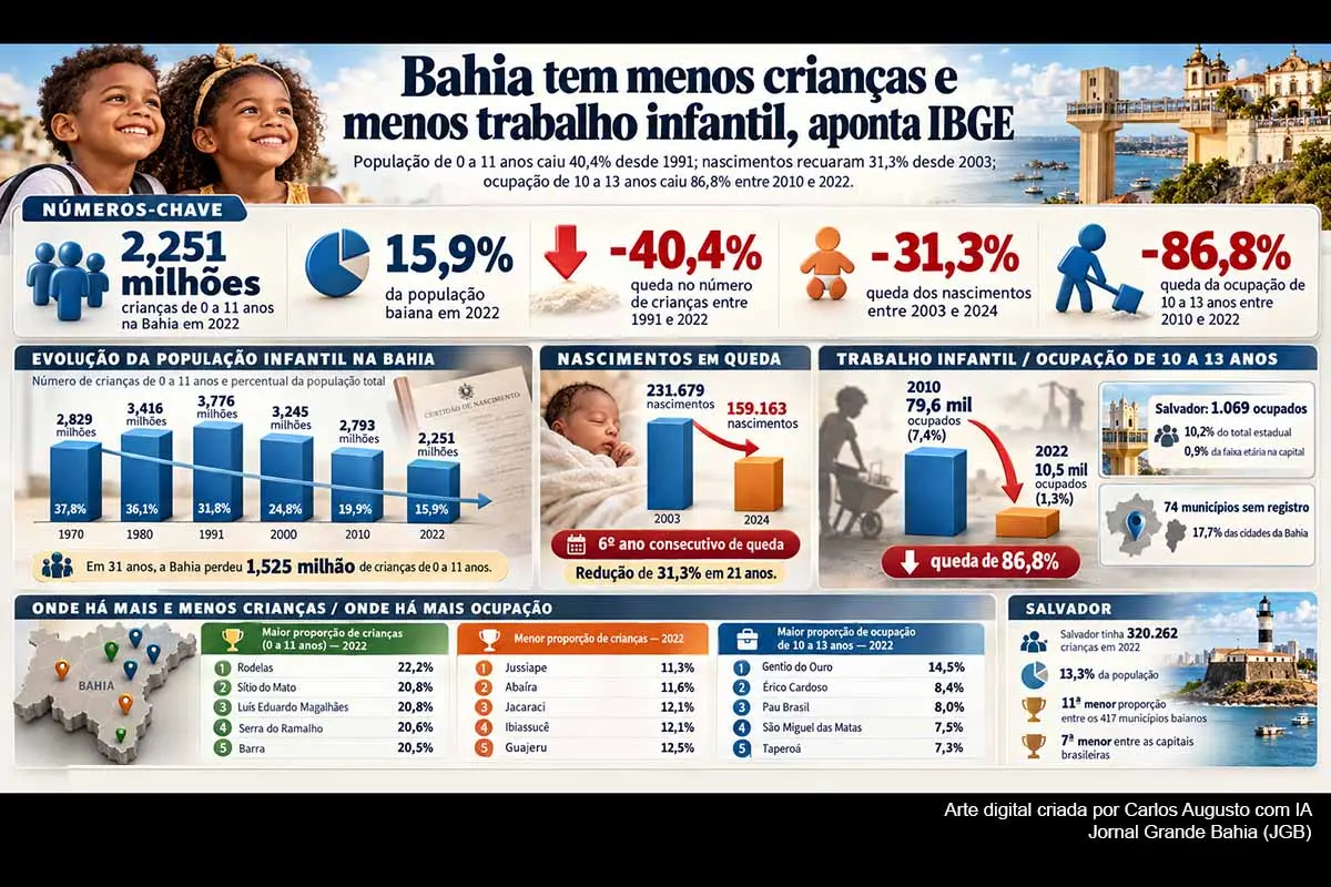 Dados do IBGE mostram que a Bahia passou de 3,776 milhões de crianças em 1991 para 2,251 milhões em 2022, queda de 40,4%. Os nascimentos recuaram 31,3% entre 2003 e 2024, enquanto o número de pessoas de 10 a 13 anos ocupadas caiu 86,8% desde 2010. Apesar do avanço, ocorrências recentes de trabalho infantil reforçam a necessidade de fiscalização, proteção social e políticas adaptadas à transição demográfica.