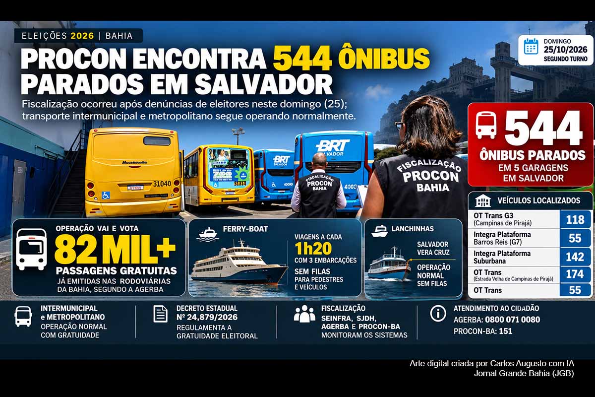 A Bahia superou 82 mil passagens gratuitas no segundo turno, com operação normal nos sistemas intermunicipal, metropolitano, Ferry-Boat e lanchinhas. Em Salvador, o Procon encontrou 544 ônibus parados, enquanto o Ministério Público confirmou retenções em garagens. O TRE-BA determinou 100% da frota, multa de R$ 1 milhão por hora e prisão do secretário Pablo Souza. As responsabilidades e causas do episódio seguem sob apuração.