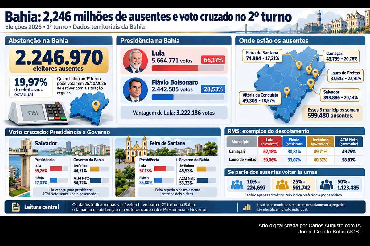 A Bahia registrou 2.246.970 ausentes, ou 19,97%, no primeiro turno, contingente que permanece apto a votar em 25 de outubro. Dados territoriais mostram forte voto cruzado: Lula venceu para presidente enquanto ACM Neto superou ou aproximou-se de Jerônimo em Salvador, Feira e municípios da RMS. O segundo turno testará a mobilização dos ausentes e a capacidade de Jerônimo e ACM Neto de influenciar a disputa entre Lula e Flávio Bolsonaro.