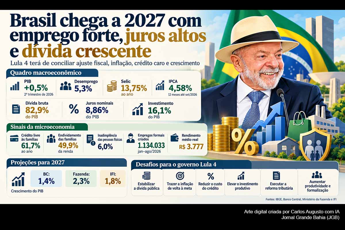 O Brasil chegará a 2027 com desemprego próximo das mínimas históricas, crescimento da renda e reservas internacionais elevadas, mas enfrentará dívida pública crescente, inflação acima da meta, juros elevados e baixo investimento. A dívida bruta atingiu 82,9% do PIB em agosto de 2026, enquanto os juros nominais acumulados em 12 meses chegaram a 8,86% do PIB. Ao mesmo tempo, a Selic permanece em 13,75%, o crédito livre às famílias alcança 61,7% ao ano e a taxa de investimento representa apenas 16,1% do PIB. O quarto governo Lula também terá de implementar a fase decisiva da reforma tributária, controlar despesas obrigatórias e ampliar produtividade. A principal questão econômica a partir de 2027 será conciliar ajuste fiscal, redução sustentável dos juros, crescimento, emprego e investimento.