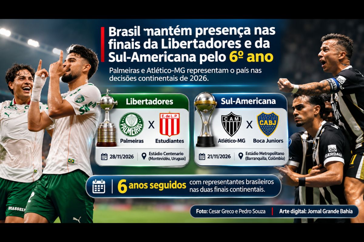 Palmeiras enfrenta o Estudiantes na decisão da Libertadores, enquanto Atlético-MG disputa com o Boca Juniors o título da Sul-Americana; finais serão realizadas no Uruguai e na Colômbia, em novembro de 2026.