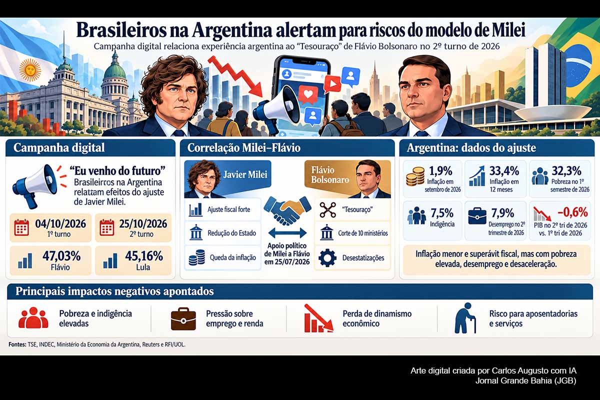 Brasileiros residentes na Argentina ampliaram a campanha digital “Eu venho do futuro” para relacionar os efeitos sociais do ajuste de Javier Milei às propostas fiscais de Flávio Bolsonaro. Dados oficiais mostram inflação menor e superávit fiscal, mas também pobreza de 32,3%, desemprego de 7,9% e desaceleração econômica. O programa de Flávio prevê “tesouraço”, corte de ministérios, desestatizações e reforma fiscal, embora prometa preservar programas sociais.
