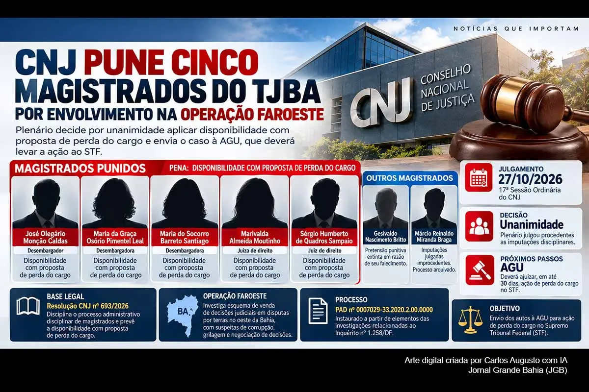 O CNJ aplicou, por unanimidade, disponibilidade com proposta de perda do cargo a cinco magistrados do TJBA ligados à Operação Faroeste. A decisão alcança três desembargadores e dois juízes, enquanto Márcio Braga foi absolvido no PAD e a pretensão contra Gesivaldo Britto foi extinta por morte. A AGU deverá ajuizar em até 30 dias ação no STF, responsável pela eventual perda definitiva dos cargos.