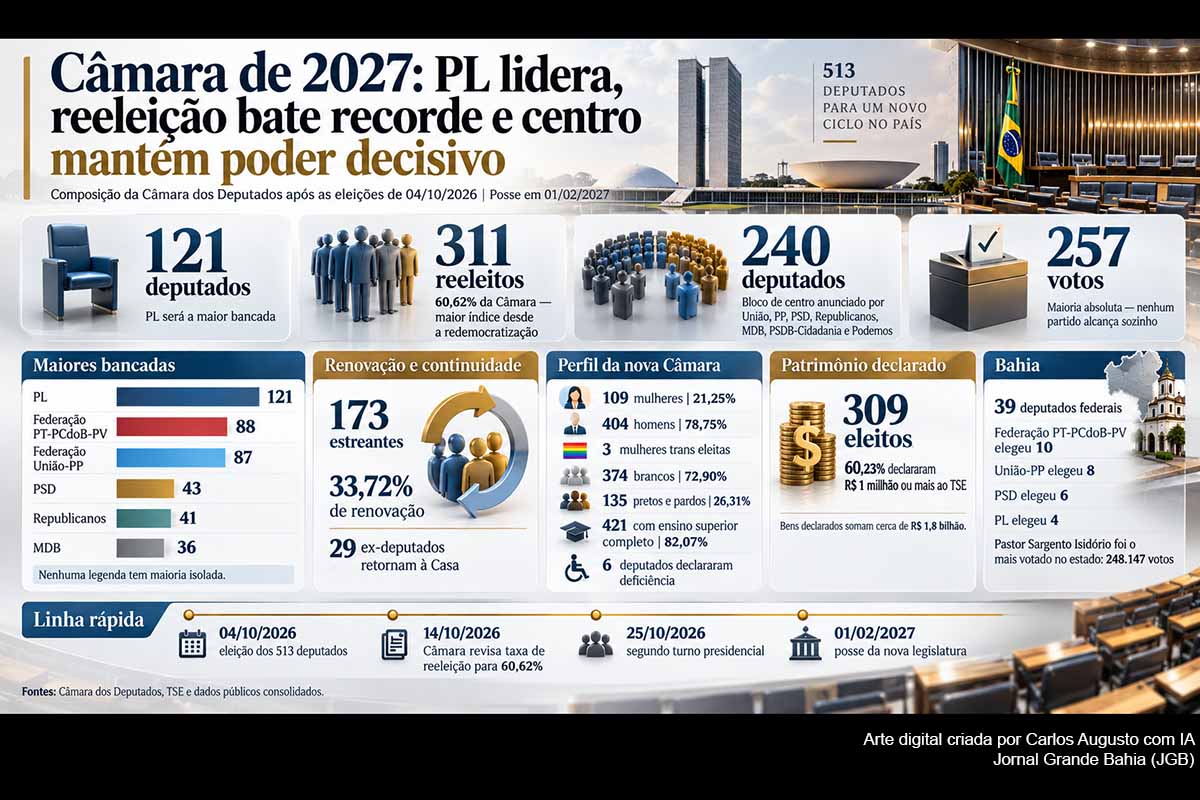 A Câmara que tomará posse em 2027 terá o PL como maior bancada, com 121 deputados, e registrará 311 reeleitos, ou 60,62%, maior índice desde a redemocratização. Mulheres avançam para 109 cadeiras, enquanto pretos e pardos somam 135. Um bloco de centro anunciado com 240 integrantes deverá exercer papel decisivo na Mesa e nas votações, em cenário ainda condicionado pelo segundo turno presidencial de 25/10/2026.