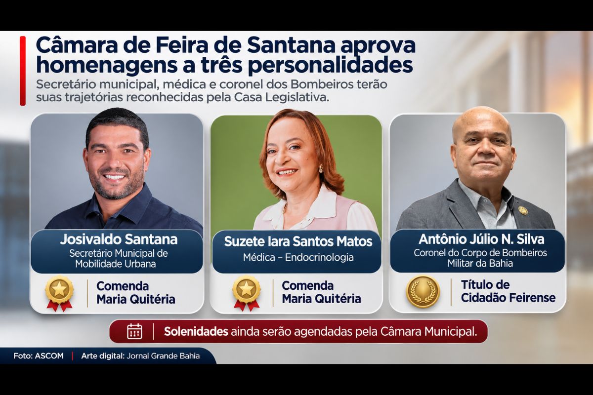 Josivaldo Santana e Suzete Iara Santos Matos receberão a Comenda Maria Quitéria, enquanto Antônio Júlio Nascimento Silva será agraciado com o Título de Cidadão Feirense.