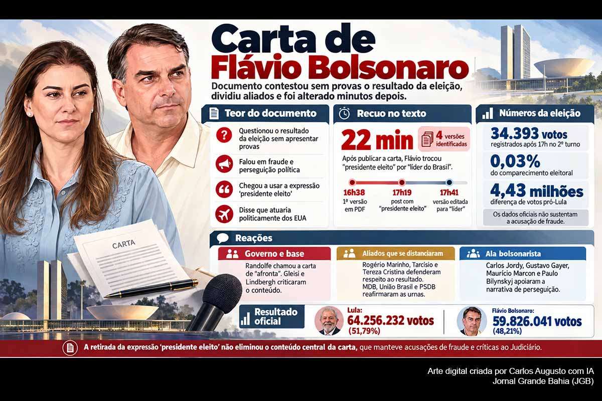Flávio Bolsonaro chegou a Miami na quarta-feira (28/10/2026) e divulgou carta contestando o resultado da eleição presidencial.