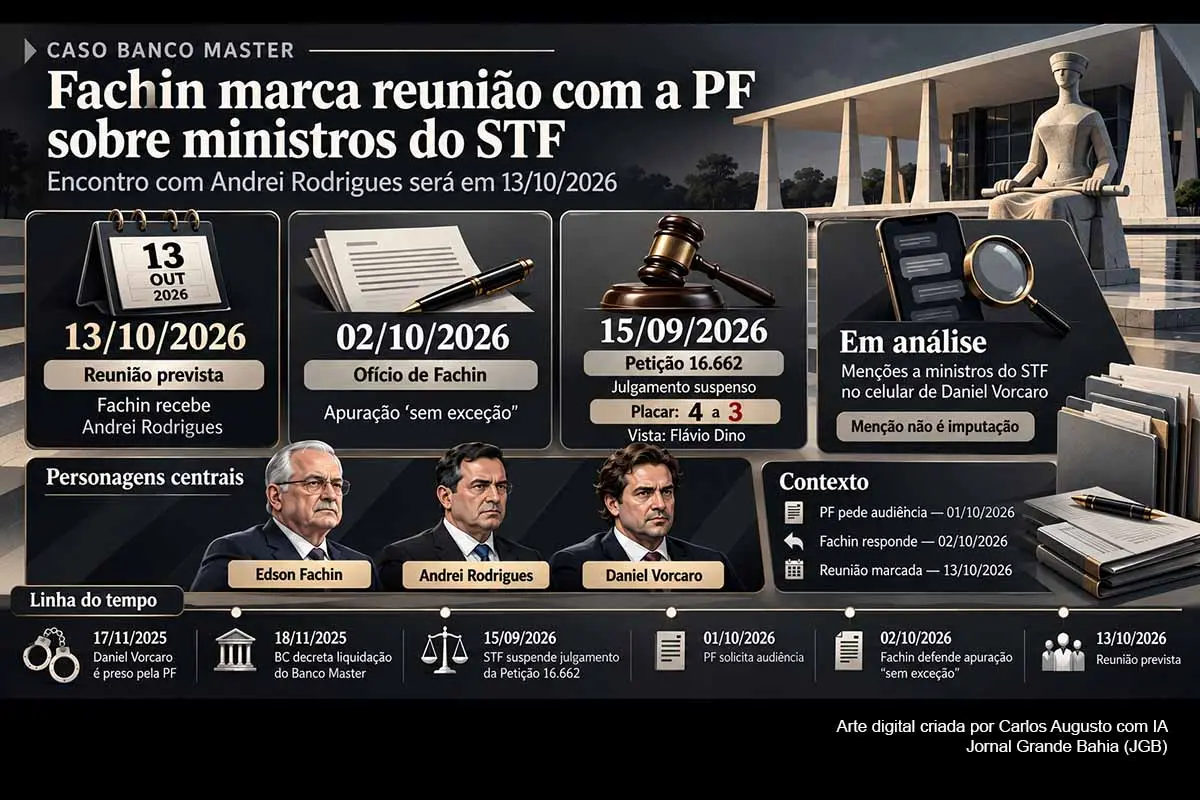O presidente do STF, Edson Fachin, receberá o diretor-geral da PF, Andrei Rodrigues, em 13/10/2026, para tratar das referências a ministros encontradas no material de Daniel Vorcaro. Fachin defendeu apuração integral e sem exceções. O encontro ocorre enquanto a Petição 16.662 permanece suspensa após pedido de vista de Flávio Dino e poderá definir novos procedimentos envolvendo PF, PGR e Supremo.
