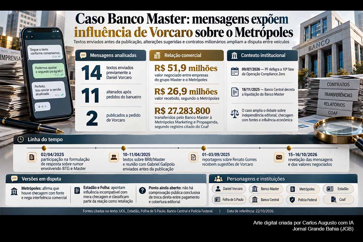 Mensagens extraídas pela Polícia Federal indicam que Daniel Vorcaro recebeu antecipadamente reportagens do Metrópoles, sugeriu alterações e participou de discussões sobre pautas enquanto empresas do Banco Master mantinham contratos milionários com o grupo. Negociações chegaram a R$ 51,9 milhões, embora o portal afirme ter recebido R$ 26,9 milhões e negue interferência comercial na cobertura. Estadão e Folha acusam retaliação, enquanto novas revelações alcançam outros veículos e exigem apuração documental.