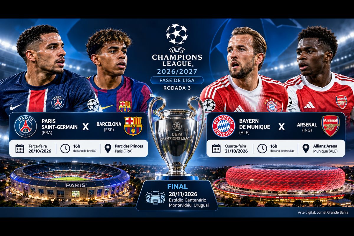 Bayern de Munique e Arsenal jogam na quarta-feira (21/10/2026), enquanto Paris Saint-Germain e Barcelona se enfrentam na terça.